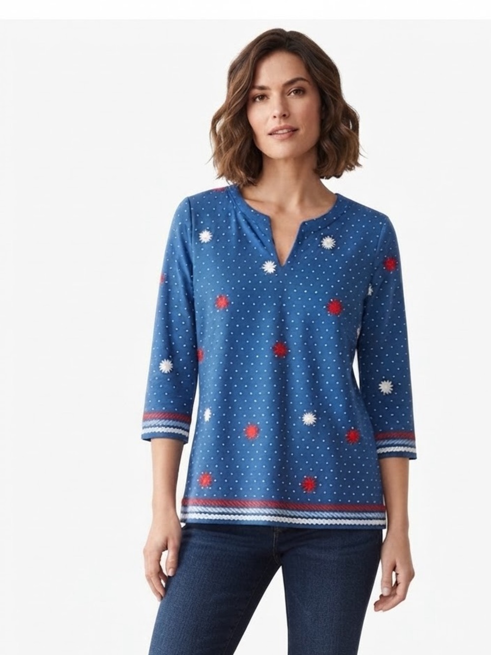 Talbots Blue Notch-Neck Polka Dot & Floral 3/4 Sleeve Top